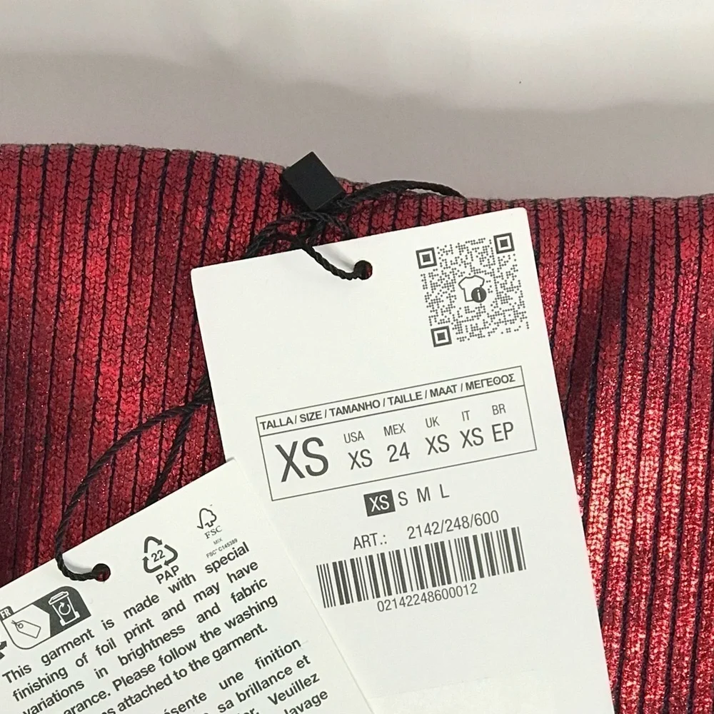 NEW ZARA XS Off the Shoulder Red Metallic Knit Foil Stretch Top NEW WITH TAG - Picture 10 of 15